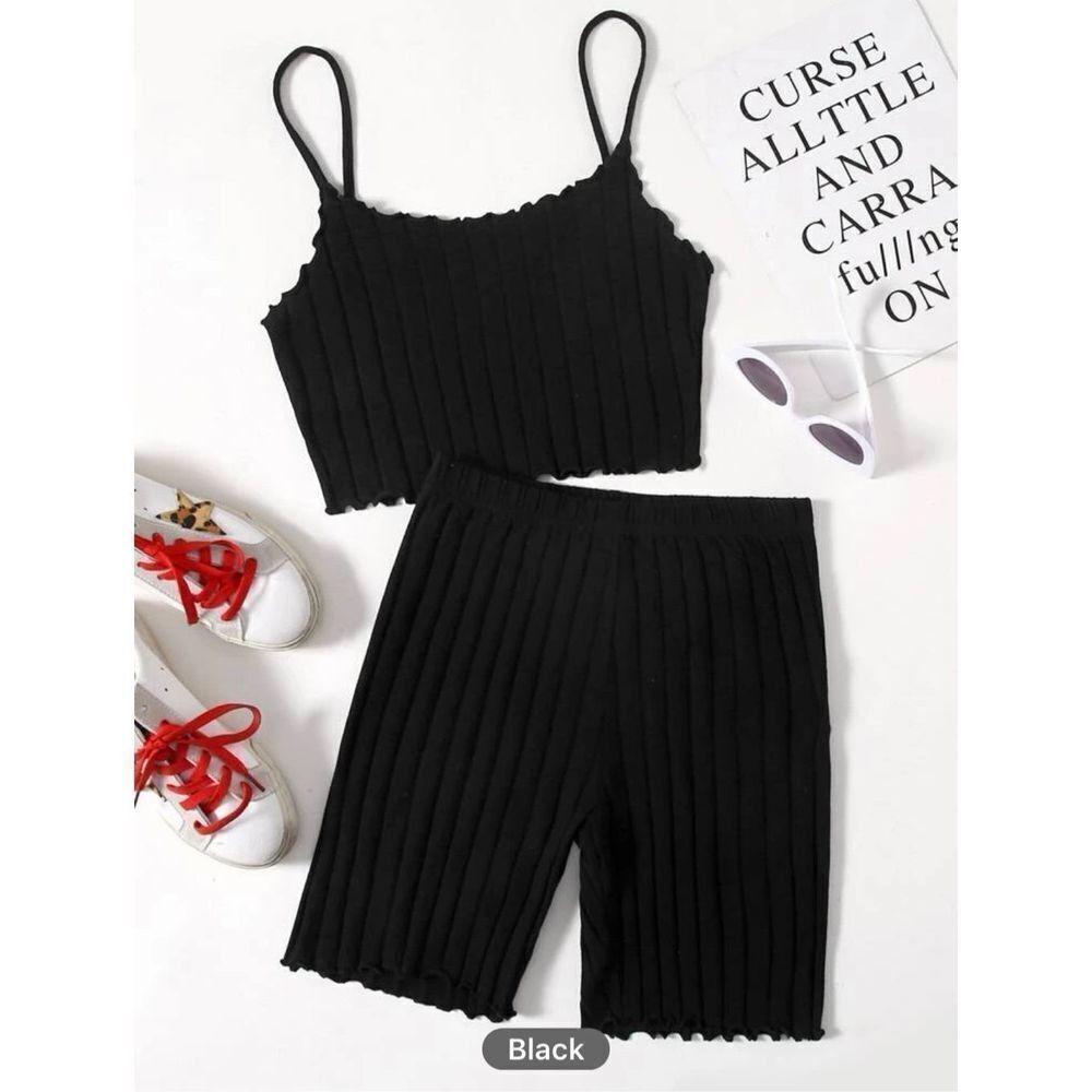 SHEIN EZwear Solid Lettuce Trim Waffle Knit Cami Top & Biker Shorts Set